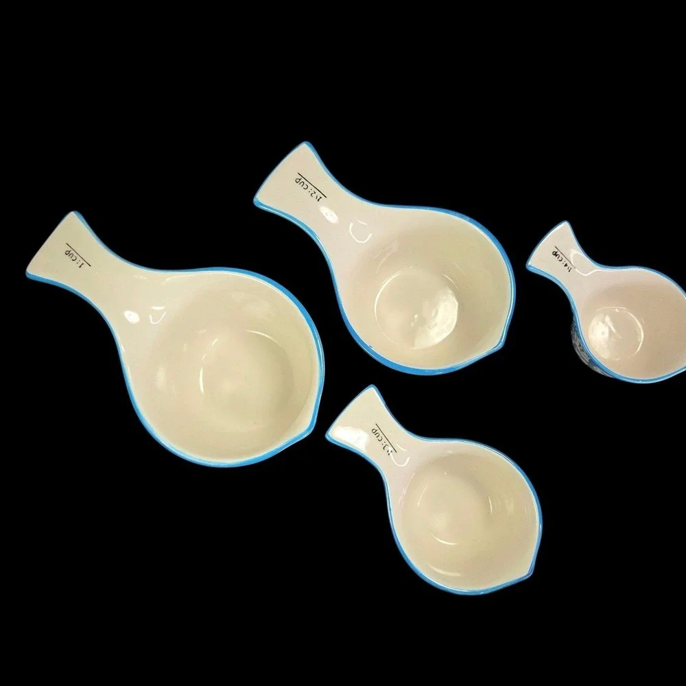 Sparrow and Wren Ceramic Measuring Cups Set 4 Blue Floral Leaf Kitchen Cooking